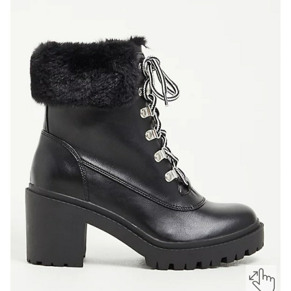NWT Torrid Black Faux Fur Detail Block Heel Lug Sole Hiker Boots Extra WW - Picture 4 of 9